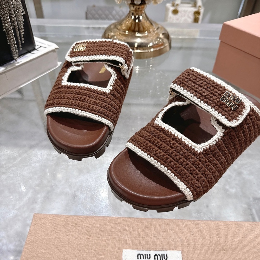 Miu Miu Brown Crochet Platform Slide Sandals - Picture 8 of 8